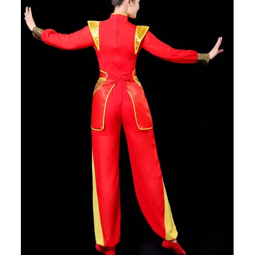 Red with gold chinese folk dance costumes for women and men festival water waist drum gong drum team suit Chinese dragon and lion dance costumes